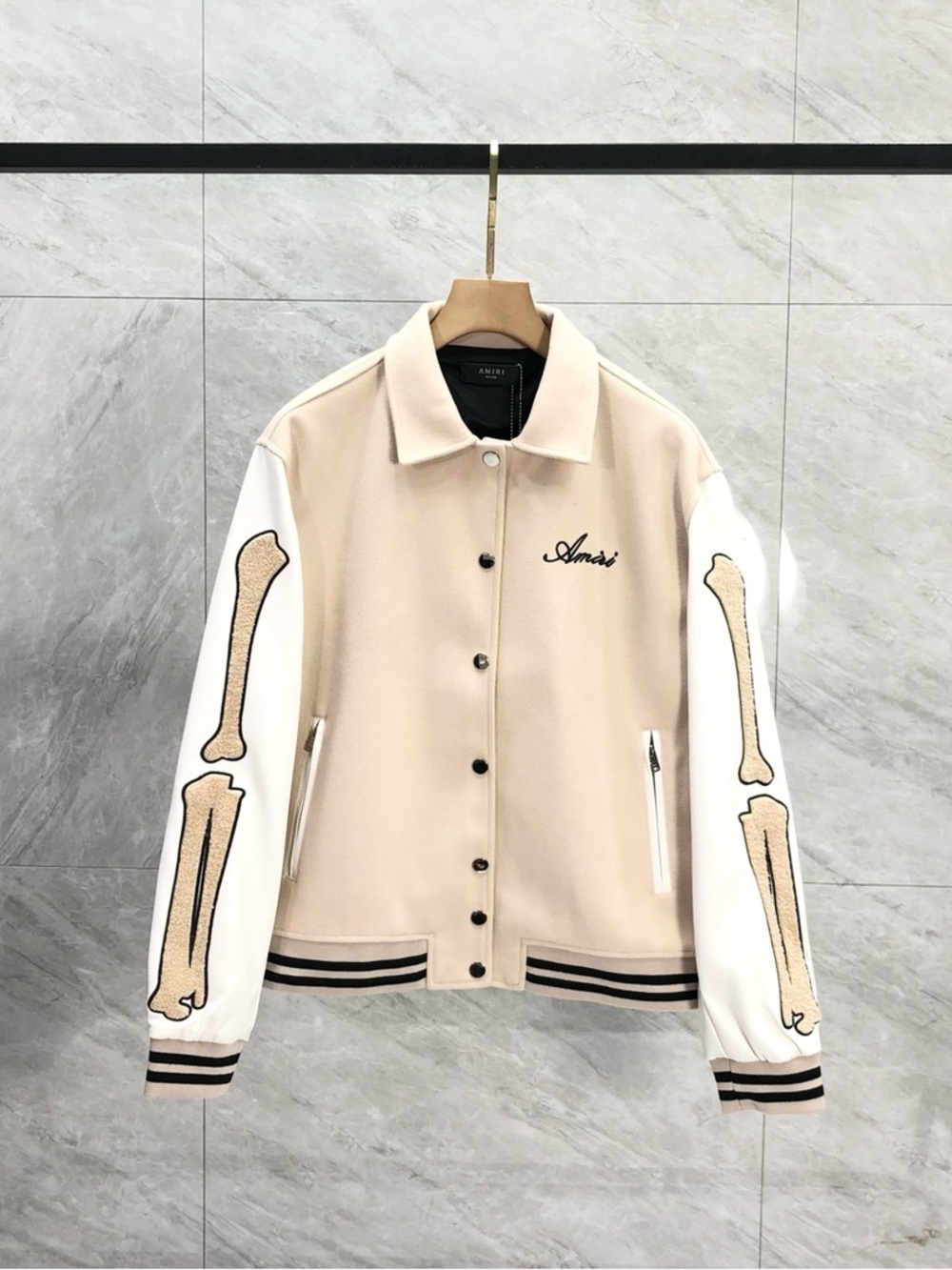 AMIRI Beige and White Bone Appliqué Varsity Jacket